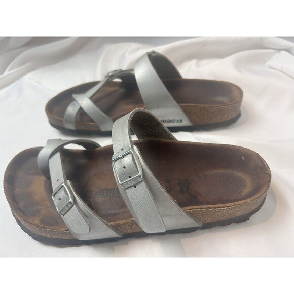 Birkenstock Mayari Sandals Women’s Size 39 8.5 Metallic Silver Leather Cork - Picture 8 of 8